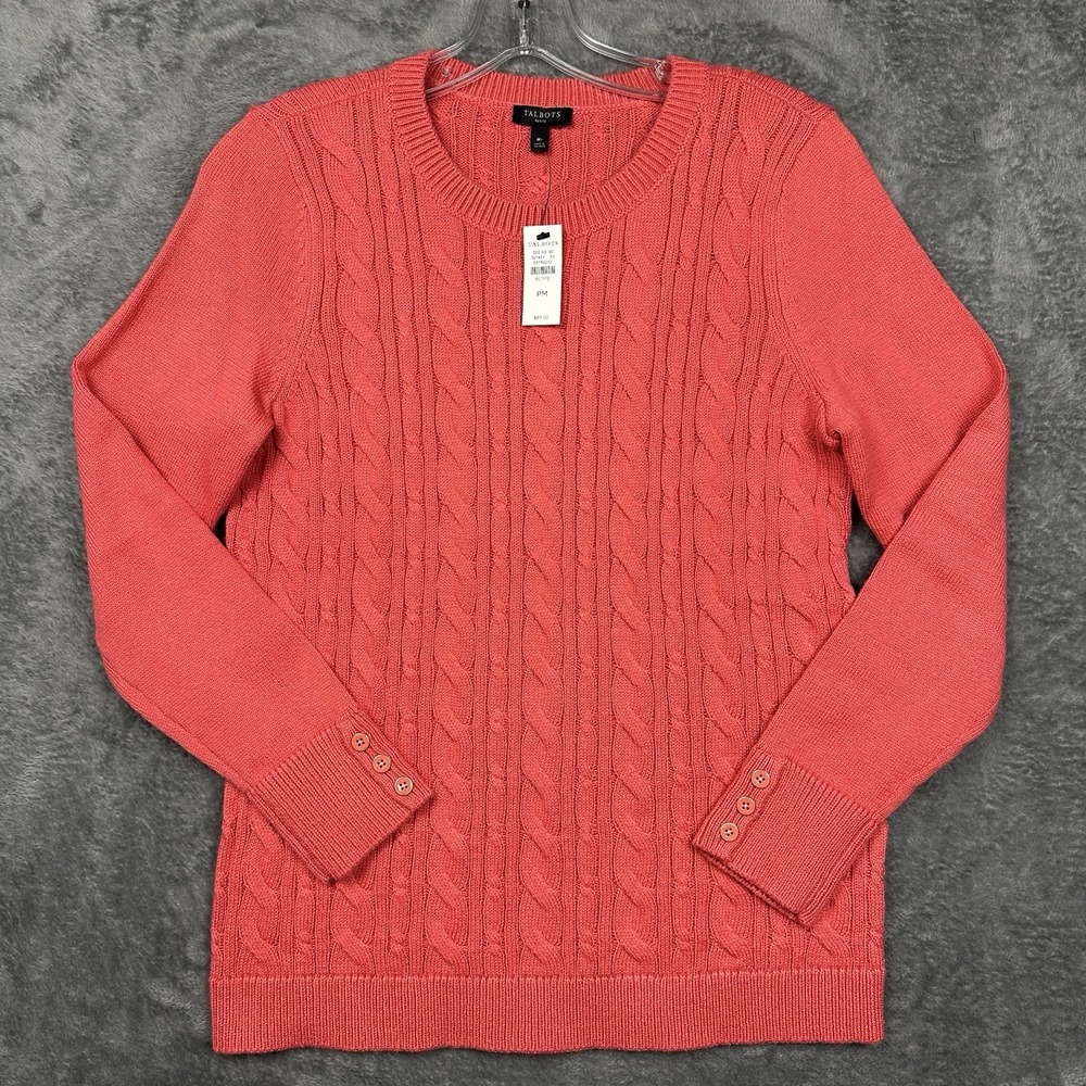 Talbots Cable Knit Sweater PM Petite Medium Coral Crew Neck Long Sleeve NWT